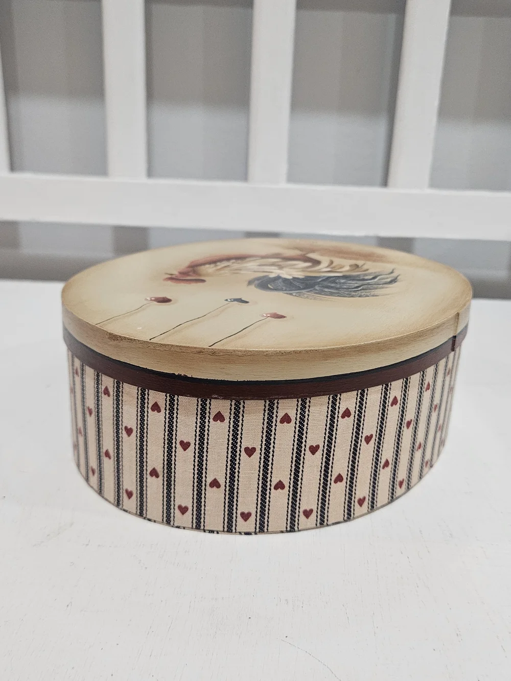 Vintage Handpainted Rooster Cloth Wrapped Storage Box, Signed Mary Deming